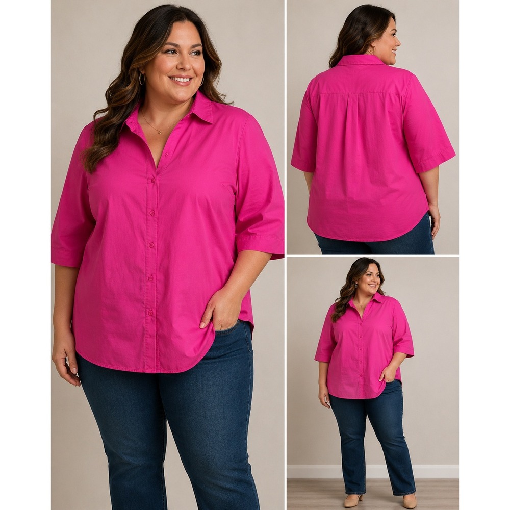 Worthington Woman Stretch Magenta Pink Button Down Shirt 3/4 Sleeve Plus Size 3X